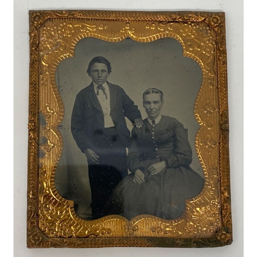 Antique 1850s Sixth Plate Photo Mother & Son Frame 2.75x3.25" Ambrotype/Tintype